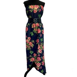 TRAC navy blue pink floral flower pleated strapless maxi dress tropical Sz M